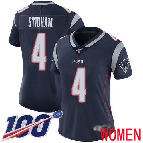 New England Patriots Limited Navy Blue Women 4 Jarrett Stidham Home NFL Jersey 100th